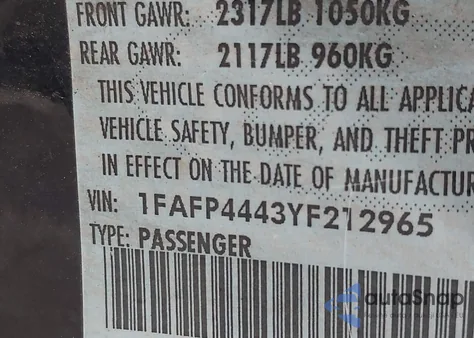 2000 Ford Mustang from USA, damaged, VIN 1FAFP4443YF212965